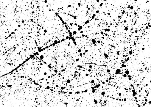 Abstract black ink splatter on white background with expressive splash pattern. Vector paint splashes for grunge overlays, artistic textures, posters, banners, prints, and creative design compositions