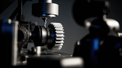 Fototapeta premium Industrial milling machine precisely shaping a metal gear component, highlighting intricate mechanics and advanced engineering in a close up dark studio setting