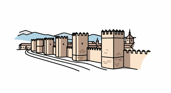 Medieval castle walls with towers, against a backdrop of mountains and a building
