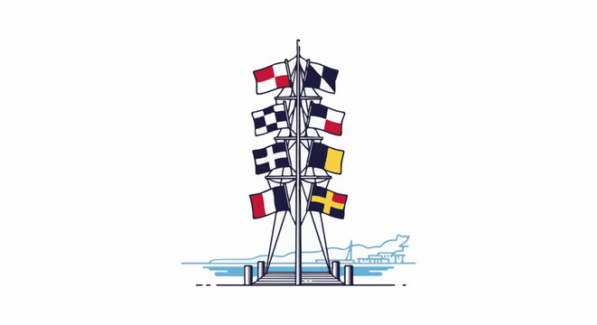 Maritime signal mast with flags, docked at a seaside town harbor