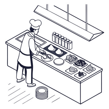 Chef serving food at a buffet counter with food service, food preparation