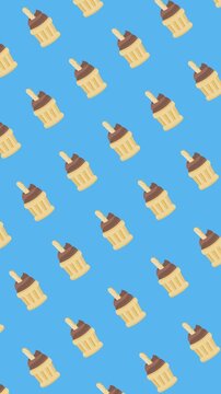 Seamless pattern of chocolate cupcakes with wafer sticks on a blue background animation. Minimalist chocolate dessert wallpaper for mobile screen backdrop in an abstract vertical banner.