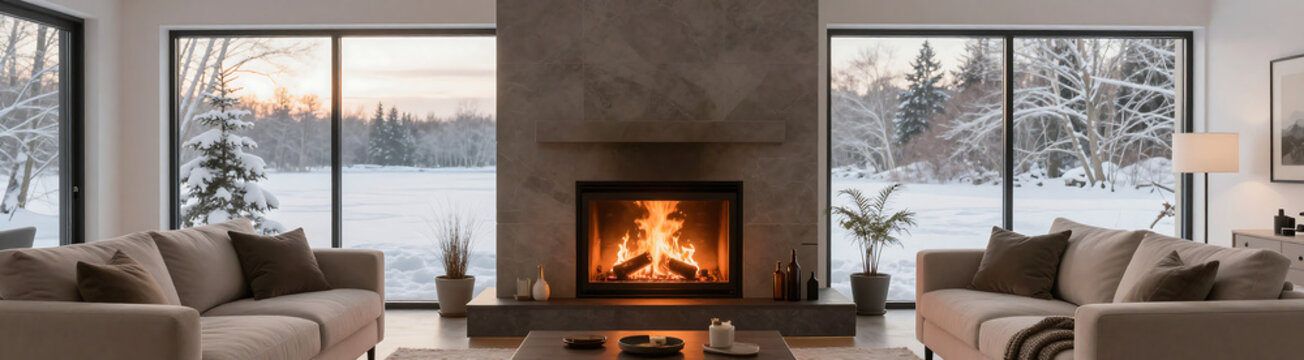 cozy modern living room crackling fireplace focal point set serene backdrop trees frozen lake