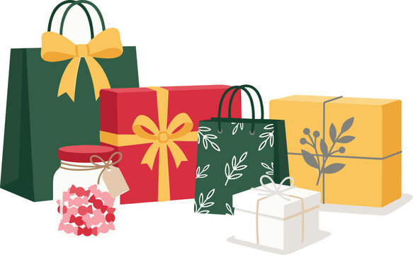 Colorful Christmas Holiday Gift Box and Shopping Bag Collection with Bow and Candy Jar Vector Illustration on White Background