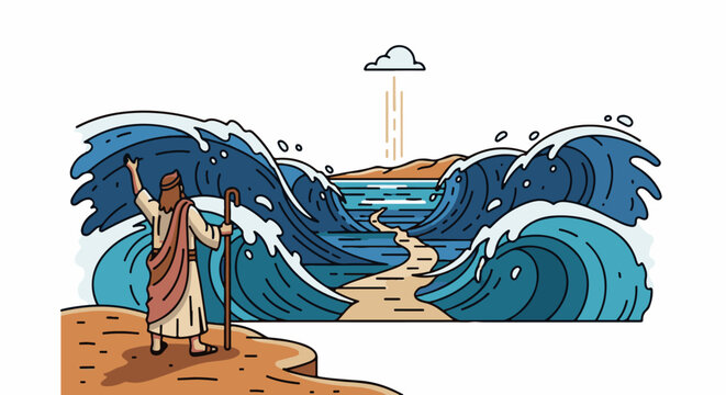 Man parts the sea with a staff; a sandy path through blue waves