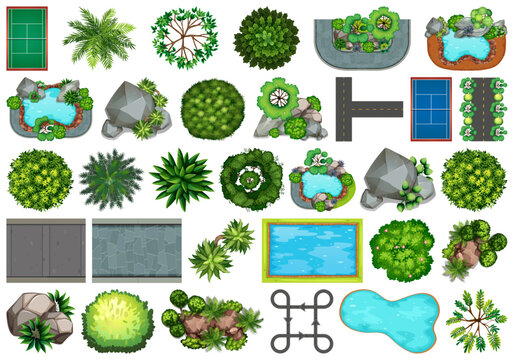 Top view game assets set with trees, rocks, roads, and landscape elements for map design.