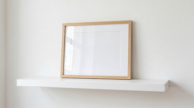 Wooden framed empty picture frame on a white shelf with home decor interior copy space minimalist background