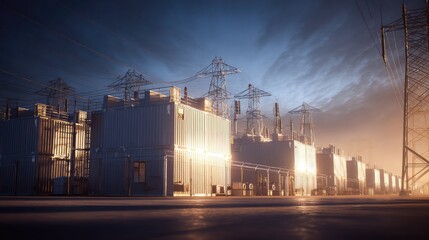 Obraz premium Battery energy storage containers connecting to a high voltage power grid system with transmission towers, reflecting golden light from the setting sun and representing modern energy solutions