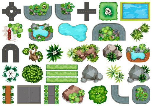Top view game assets set with trees, rocks, roads, and landscape elements for map design.