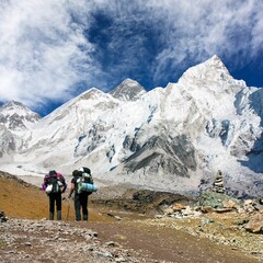 Fototapeta premium Mount Everest two tourists Nepal Himalaya mountain