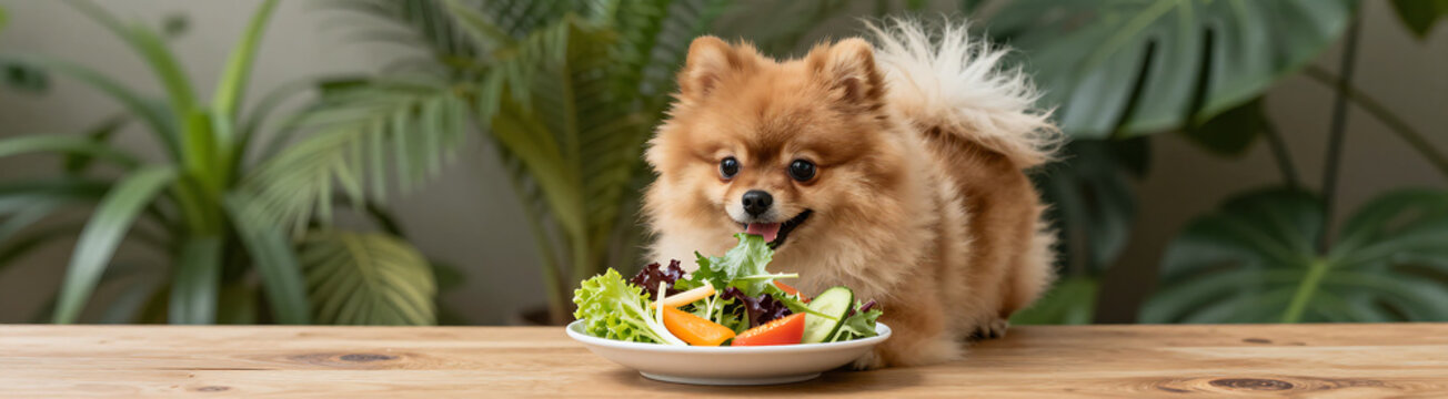 happy pomeranian sits wooden table surrounded lush greenery devouring colorful bowl crisp mixed greens vibrant vegetables