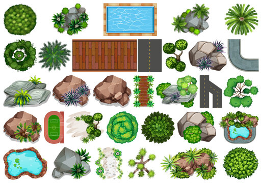 Top view game assets set with trees, rocks, roads, and landscape elements for map design.