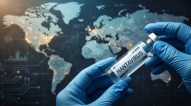 Scientist in blue gloves holding a Hantavirus vial with a glowing world map in the background, symbolizing global health research.