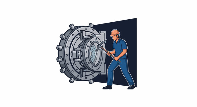 Person in hard hat and work clothes uses pickaxe on large, round vault door