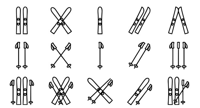 Minimal ski and poles icon set with skiing equipment in simple vector outline design