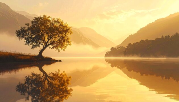 Lonely tree beside a calm lake with misty mountains and golden hour lighting, serene landscape