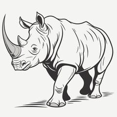Fototapeta premium Rhino walking illustration outline with black and white line art animal print