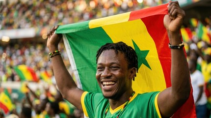 Fototapeta premium Senegal football supporter celebrating with national flag in stadium