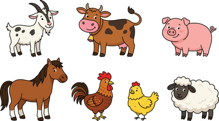 Obraz premium Cute Cartoon Farm Animal Collection Set with Goat Cow Pig Horse Rooster Chicken and Sheep Vector Illustration on White Background