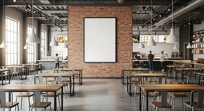 Blank Poster Frame Displayed on Brick Wall in Modern Industrial Cafe