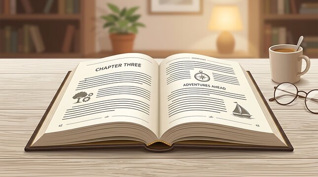 Open Illustrated Storybook Resting on Wooden Table in Cozy Reading Room