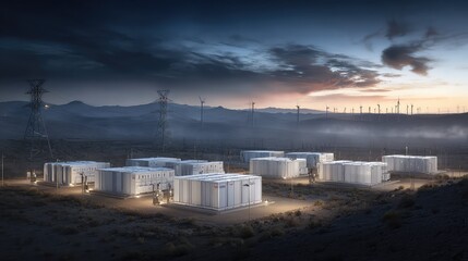 Fototapeta premium Large scale battery energy storage installation in a desert at twilight, illuminated container units beside transmission lines and distant wind turbines powering a sustainable grid solution