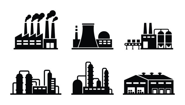 Industrial Factory Icons, Manufacturing Plant Silhouettes, Chemical Plant Vector Set, Power Station Buildings, Production Facility Graphics