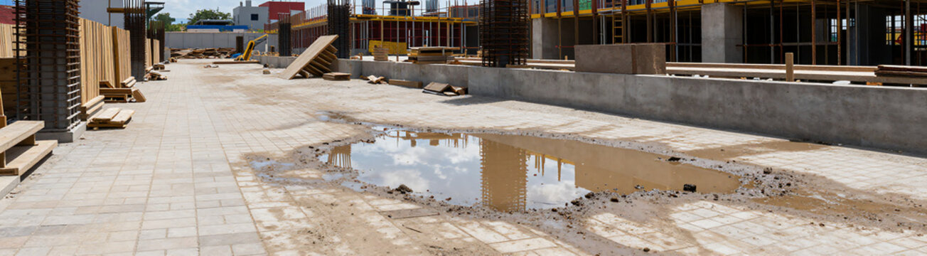 midday construction site scene features paved sidewalk partially covered muddy puddles reflecting bright sunlight amidst backdrop