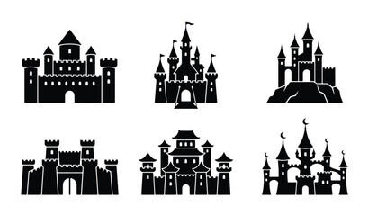 Set of 6 Black Castle Icons, Medieval Fortress Silhouettes, Fantasy Kingdom Architecture, Royal Palace Vector Graphics for Fairytales and Legends © AlAmin