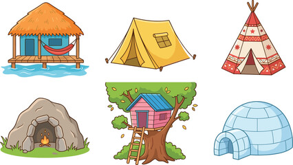 Camping Shelter Set with Hut, Tent, Teepee, Treehouse, Cave, and Igloo for Outdoor Adventure and Wilderness Designs © Sanjida