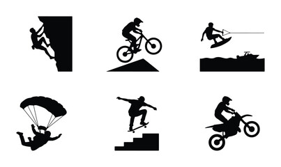 Extreme Sports Icons Set: Rock Climbing, Mountain Biking, Wakeboarding, Skydiving, Skateboarding, Motocross Silhouettes. Action Adventure Vector Graphics. © Roksana
