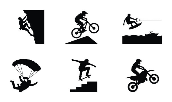 Extreme Sports Icons Set: Rock Climbing, Mountain Biking, Wakeboarding, Skydiving, Skateboarding, Motocross Silhouettes. Action Adventure Vector Graphics.