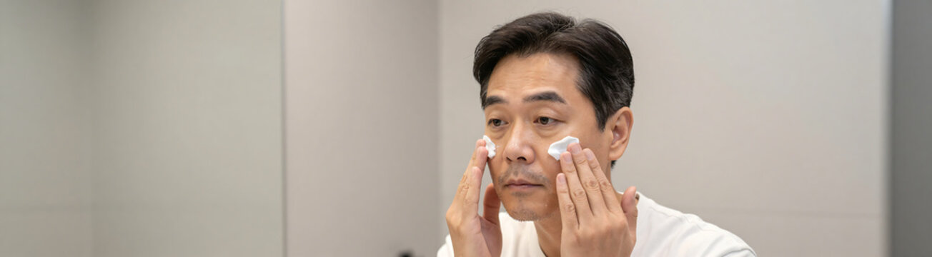 korean man bathroom applying night cream face serene focus highlighted soft overhead