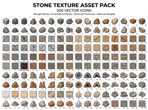 Set of 200 Stone Texture Vector Icons for Game Assets and Backgrounds