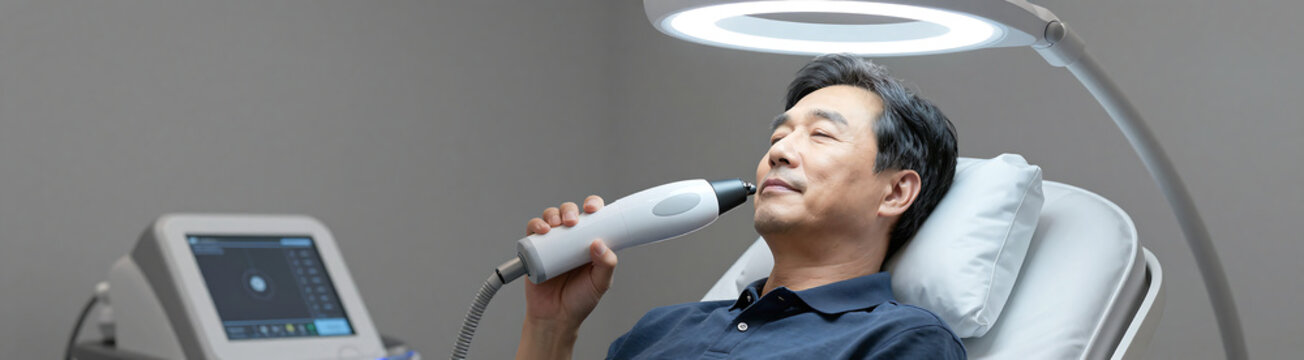 korean man calm expression sits sleek futuristic treatment bed soft overhead lighting face