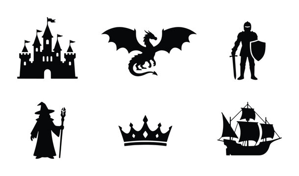Fantasy Icons Set: Medieval Castle, Dragon, Knight, Wizard, Crown, and Ship Vector Graphics for Storytelling and Gaming