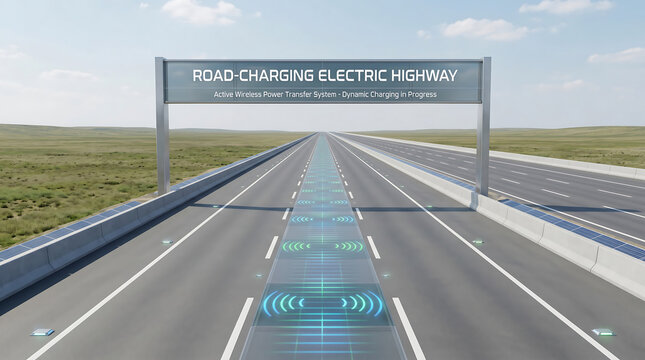 Futuristic electric highway with active wireless power transfer system for dynamic vehicle charging, smart road infrastructure.