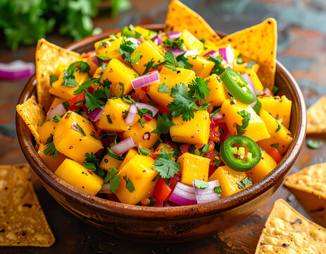 Fresh mango salsa with red onion cilantro and sliced jalapenos served with chips