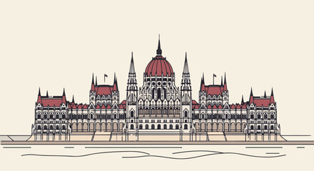Obraz premium Ornate gothic building with a grand dome and spires, set against a pale background