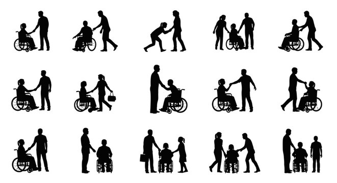 Black silhouettes illustrating various acts of assistance and support for individuals in wheelchairs.