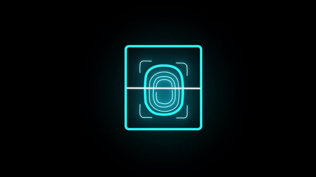 blue neon futuristic technology fingerprint biometric scanner animation isolated on black background. 4k video