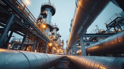 Fototapeta premium Industrial pipelines connecting various units in a chemical or petroleum refinery plant, depicting the intricate network for energy production and raw material processing