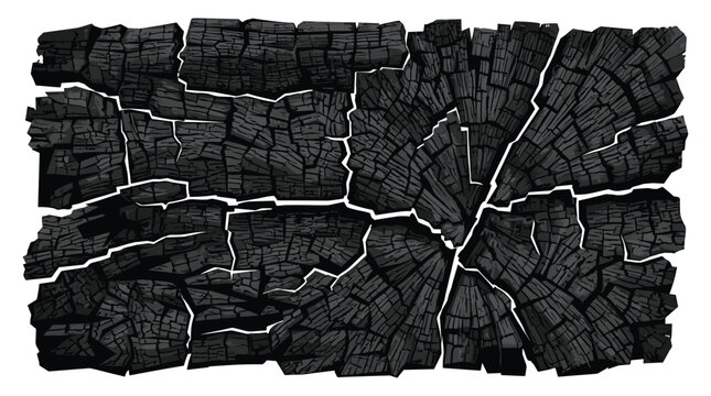 A circular arrangement of charred wood grain with deep radial cracks and sharp splintered edges rests on a white background with dramatic high-contrast lighting.