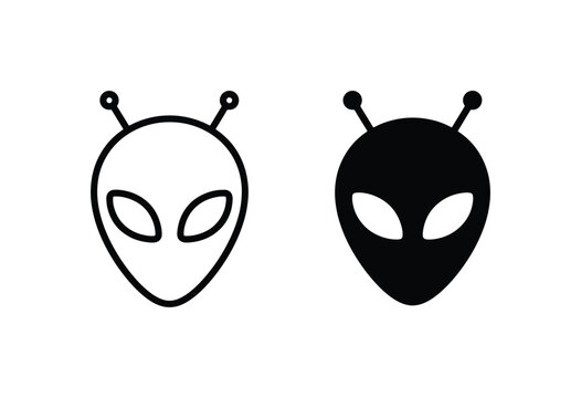 Alien Head Icons, Extraterrestrial Face Symbols, Sci-Fi Character Graphics, UFO Visitor Emblems, Space Invader Illustrations, Cosmic Being Icons