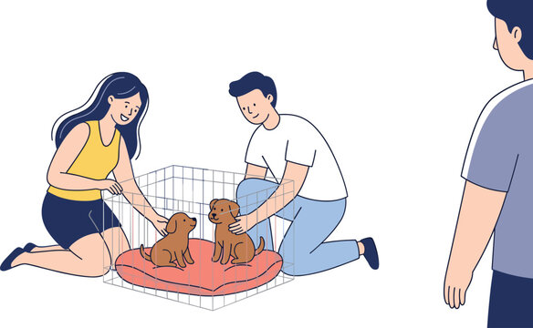 Young Couple Playing with Cute Puppies Inside a Pet Cage Vector Illustration on White Background