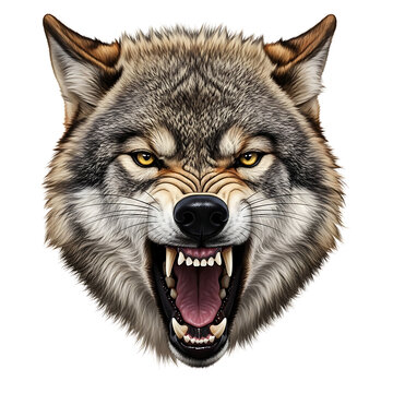 Gray wolf snarling with mouth open showing teeth