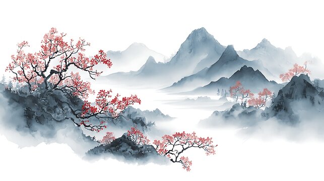 Traditional chinese ink wash painting featuring pink cherry blossoms and misty blue mountains