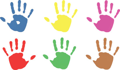 Fototapeta premium Set of six colorful messy children handprints finger paint stamp impressions preschool art concept vector illustration.