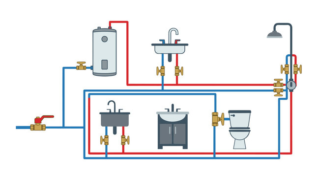 A schematic bathroom and kitchen plumbing diagram illustrates the flow of hot and cold water through pipes connecting a boiler, sinks, shower, and a toilet.
