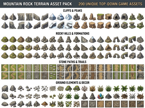 Set of 200 Top-Down Mountain Rock Terrain Game Assets Vector